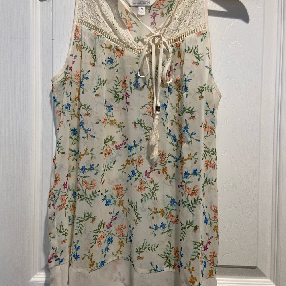 Charming Charlie Cream Floral Lace-Trim Tie-Front Camisole
